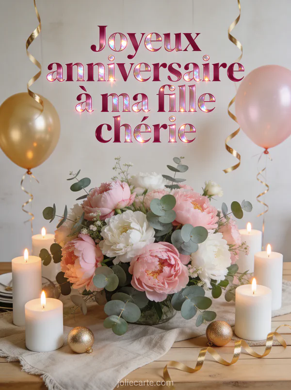 Pivoines roses avec bougies blanches ballons dorés et serpentins sur bois clair et le texte Joyeux anniversaire