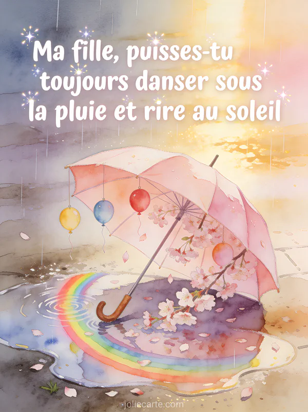 Parapluie rose avec fleurs de cerisier flaques reflétant arc-en-ciel ballons colorés accrochés lumière dorée style aquarelle