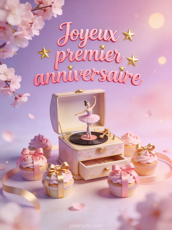 Ourson en peluche avec ballon chiffre 1 rose parmi des cadeaux pastel et fanions et le texte Joyeux premier anniversaire