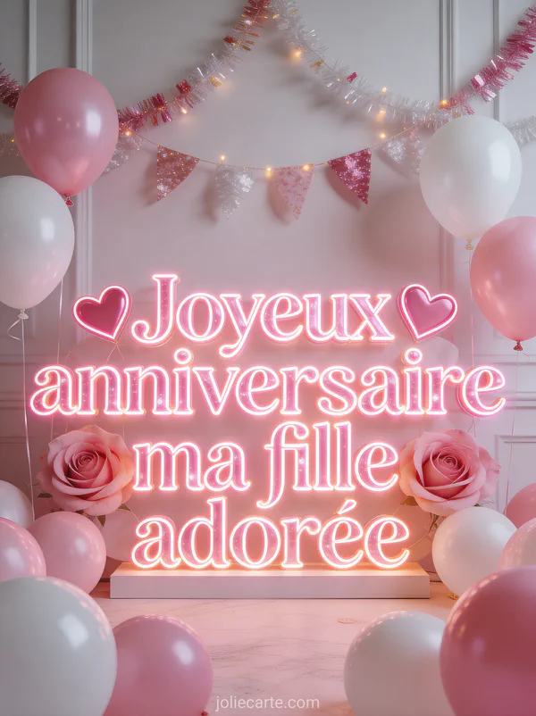 Arche de roses formant un cœur avec ballons rouges pétales et guirlande lumineuse et le texte Joyeux anniversaire