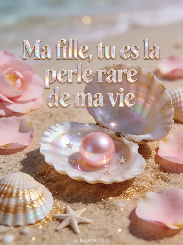Coquillage ouvert révélant une perle rosée avec pétales de camélia rose sable fin doré et étoiles de mer