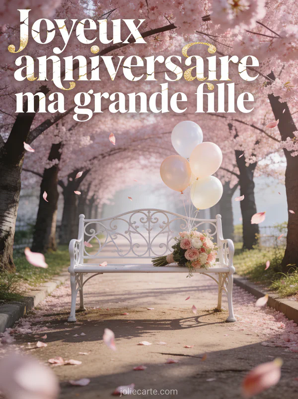 Allée de cerisiers en fleurs avec banc blanc bouquet et ballons et pétales volants et le texte Joyeux anniversaire