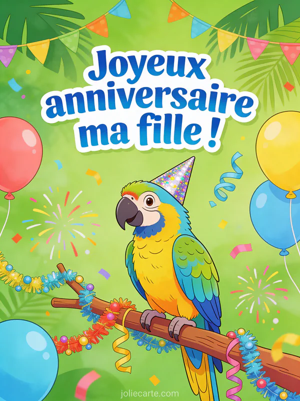 Perroquet ara avec chapeau de fête sur branche décorée de guirlandes ballons et cotillons et le texte Joyeux anniversaire