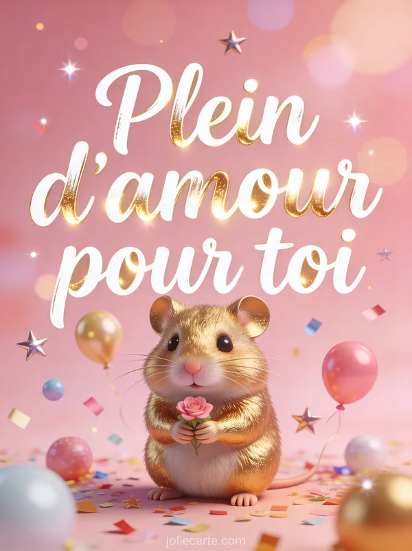 Hamster doré tenant une fleur rose entouré de confettis colorés petits ballons et étoiles scintillantes fond rose