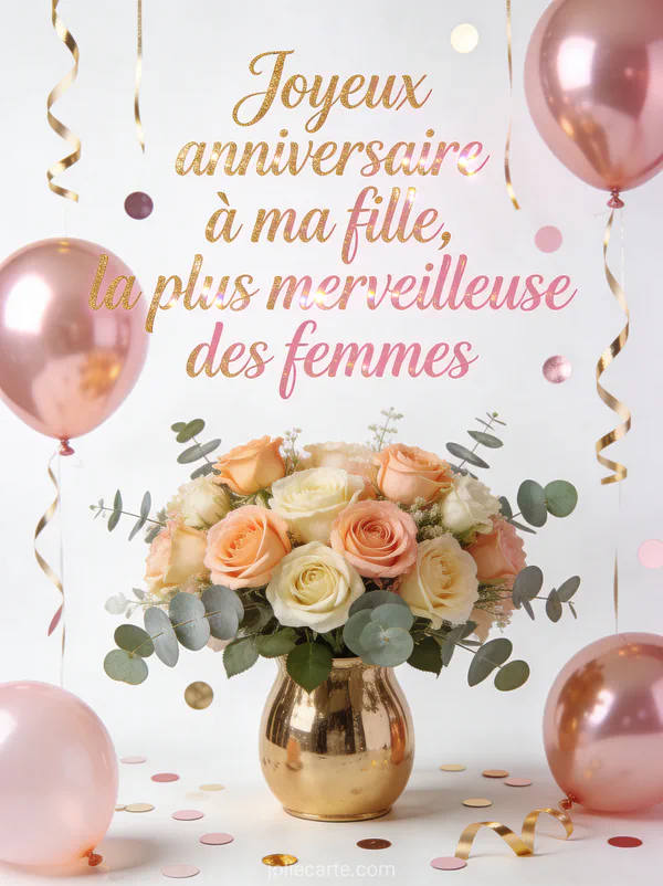 Roses garden roses pêche et crème avec eucalyptus dans vase en or ballons rose gold serpentins confettis fond blanc