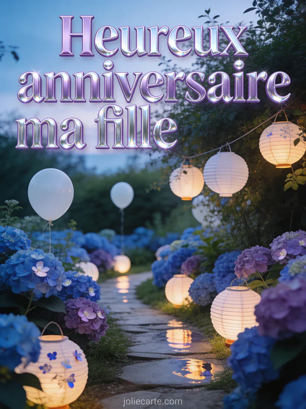 Champ d'hortensias bleus et mauves avec lanternes ballons blancs et chemin et le texte Heureux anniversaire ma fille