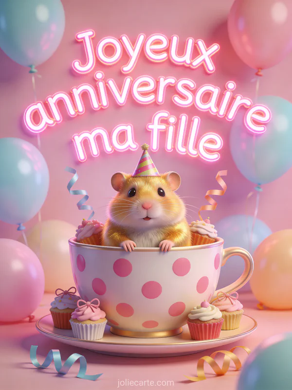 Hamster doré avec chapeau de fête dans une tasse décorée avec cupcakes ballons et cotillons et le texte Joyeux anniversaire