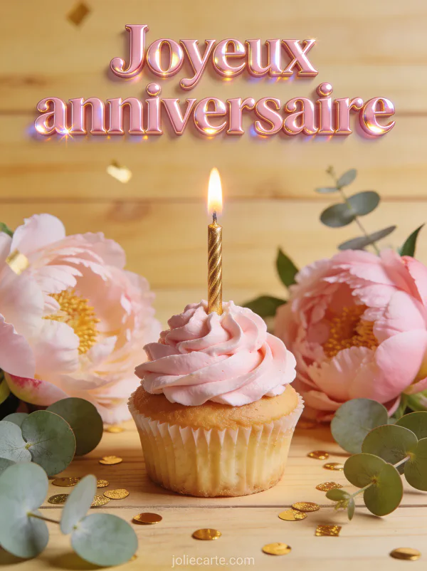 Gâteau avec crème rose et bougie dorée entouré de pivoines et confettis sur bois et le texte Joyeux anniversaire