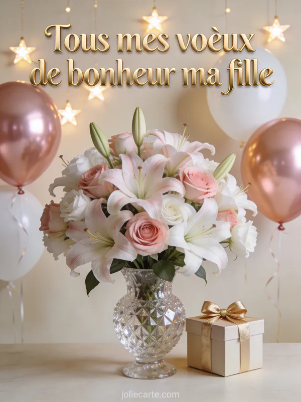 Bouquet de lys roses dans vase cristal avec ballons rose gold cadeau doré et étoiles et le texte Tous mes vœux
