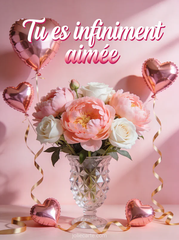 Bouquet pivoines blush et roses blanches dans vase cristal ballons cœur rose gold serpentins dorés fond rose poudré