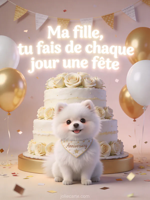 Spitz nain blanc avec bandana devant gâteau à étages avec ballons fanions et confettis et le texte Ma fille tu fais de chaque jour