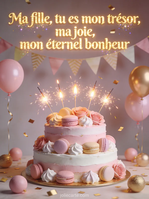 Gâteau d'anniversaire rose et blanc avec macarons meringues roses en sucre sparklers confettis dorés ballons et fanions