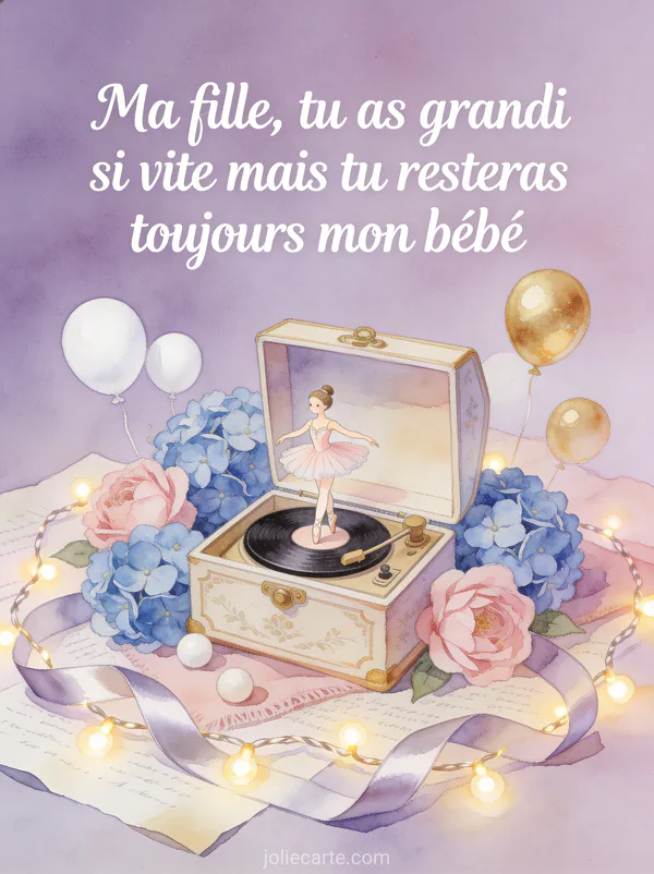 Boîte à musique vintage avec ballerine entourée d'hortensias ballons et guirlande lumineuse et le texte Ma fille tu as grandi