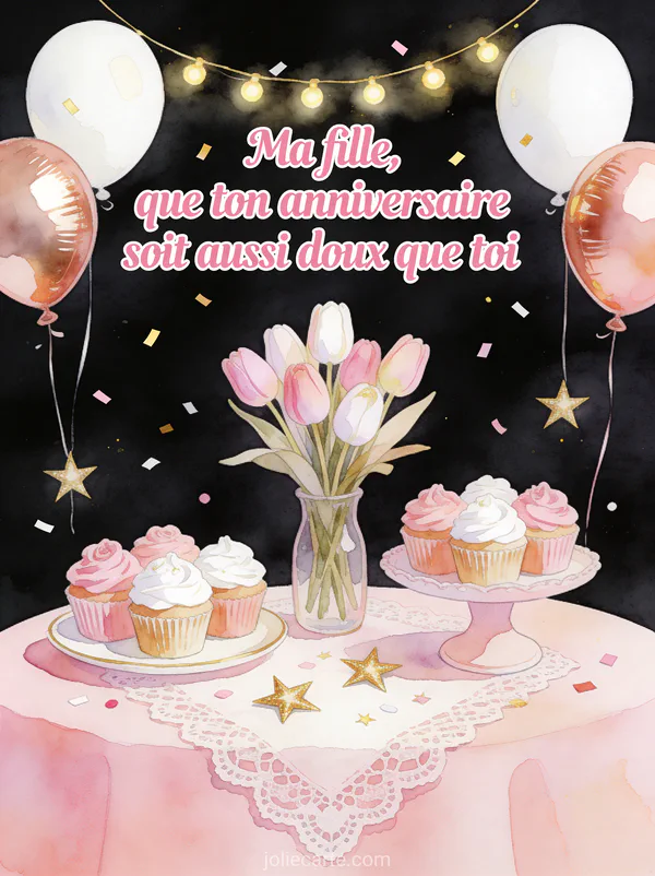 Cupcakes roses et blancs bouquet de tulipes pastel ballons rose gold guirlande lumineuse cotillons étoiles style aquarelle