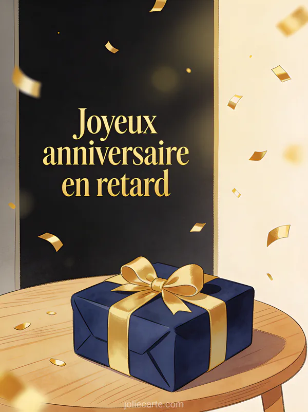 Cadeau emballé dans du papier bleu nuit avec nœud doré et confettis dorés avec le texte Joyeux anniversaire en retard