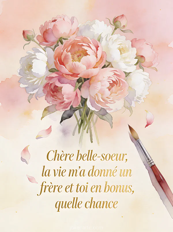 Bouquet de pivoines roses et blanches à l'aquarelle avec le texte Chère belle-sœur la vie m'a donné un frère et toi en bonus