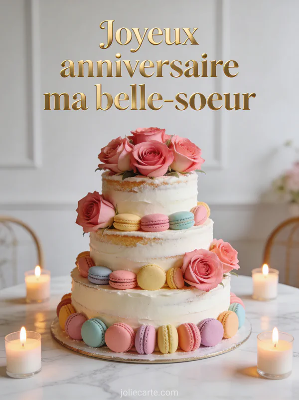 Gâteau d'anniversaire à trois étages décoré de roses et macarons avec le texte Joyeux anniversaire ma belle-sœur