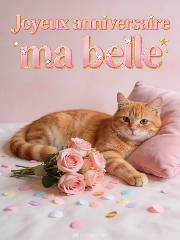 Chat roux allongé sur coussin rose avec bouquet de roses roses et confettis pastel texte Joyeux anniversaire ma belle