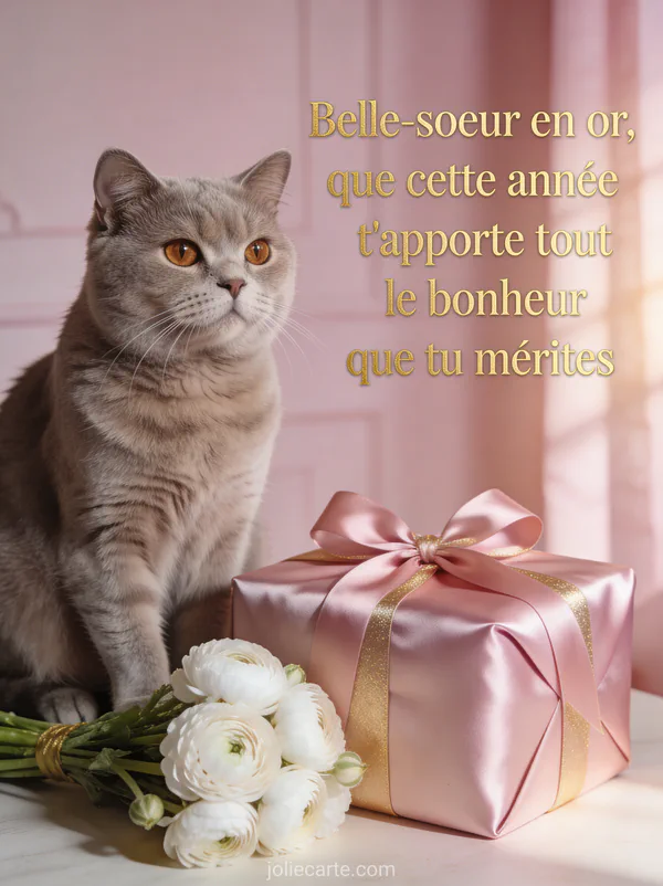Chat gris british shorthair à côté d'un cadeau enrubanné et d'un bouquet de renoncules avec texte d'anniversaire