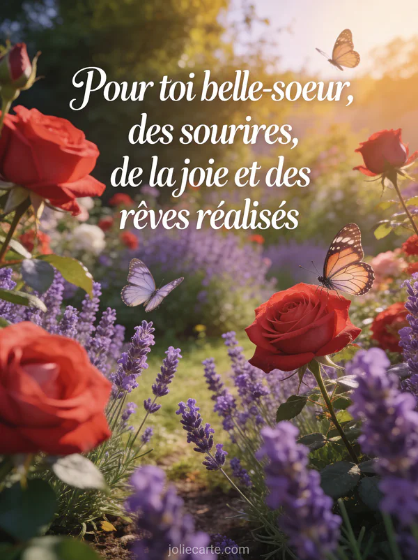 Jardin de roses et lavande baigné de lumière dorée avec des papillons et un texte d'anniversaire pour belle-sœur