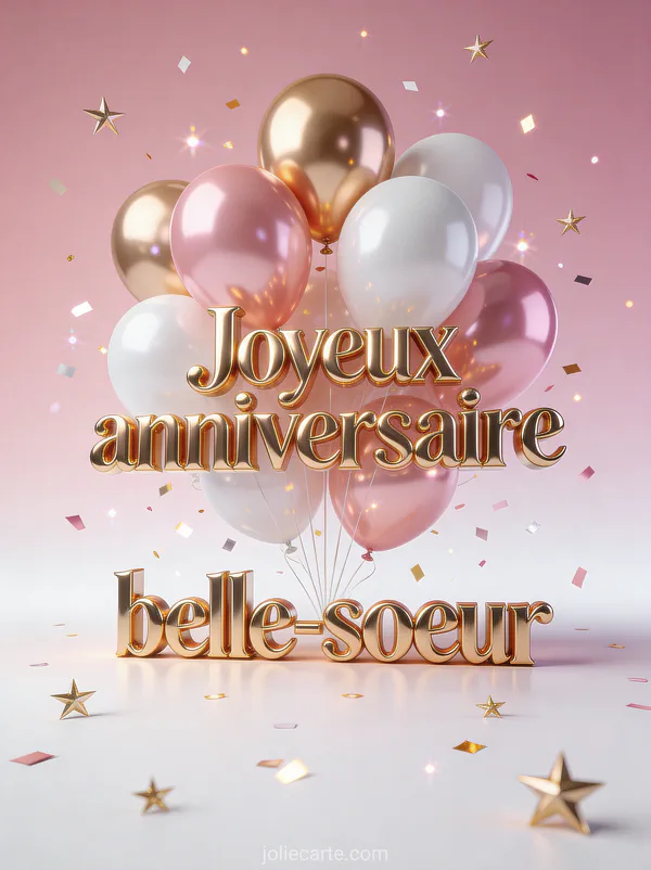 Ballons roses dorés et blancs avec confettis scintillants et texte Joyeux anniversaire belle-sœur en lettrage 3D doré