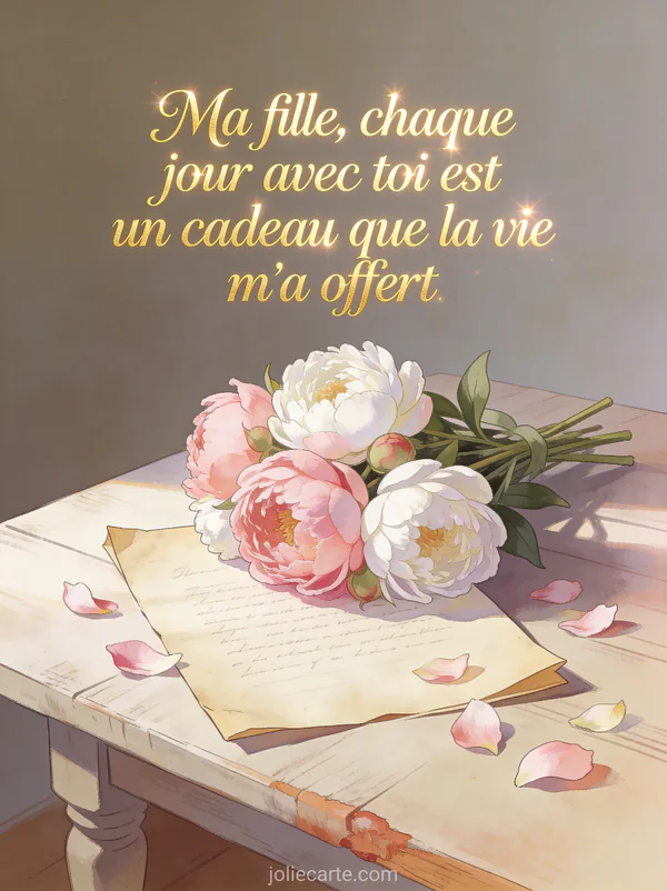 Bouquet de pivoines roses posé sur une lettre ancienne avec le texte Ma fille chaque jour avec toi est un cadeau