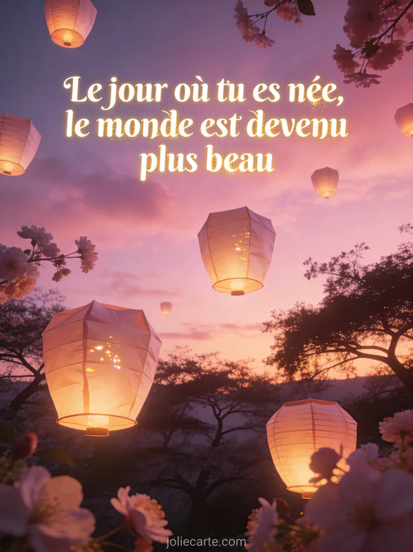 Ciel crépusculaire rose et mauve avec lanternes lumineuses et arbres en fleurs et le texte Le jour où tu es née le monde est devenu plus beau