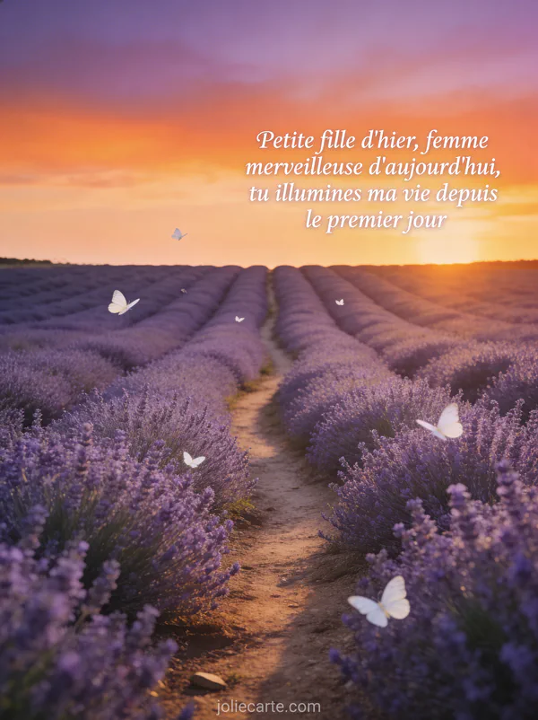 Champ de lavande au coucher du soleil avec papillons blancs et le texte Petite fille d'hier femme merveilleuse d'aujourd'hui