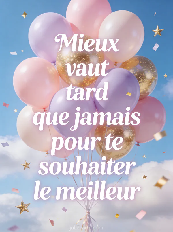 Ballons pastel roses lavande et dorés flottant dans un ciel bleu avec confettis et étoiles dorées