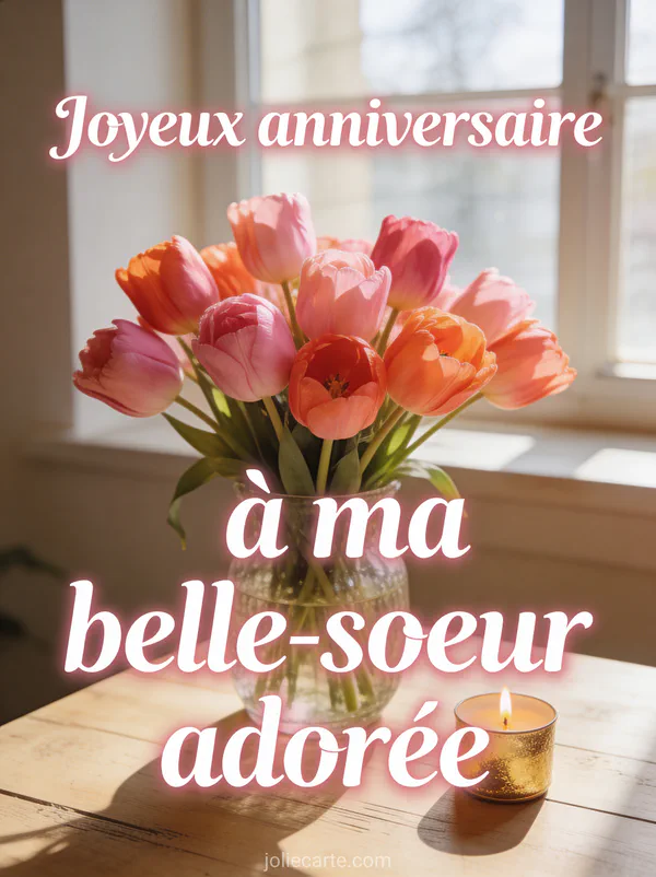 Bouquet de tulipes roses et corail dans un vase en verre avec bougie dorée et texte Joyeux anniversaire belle-sœur