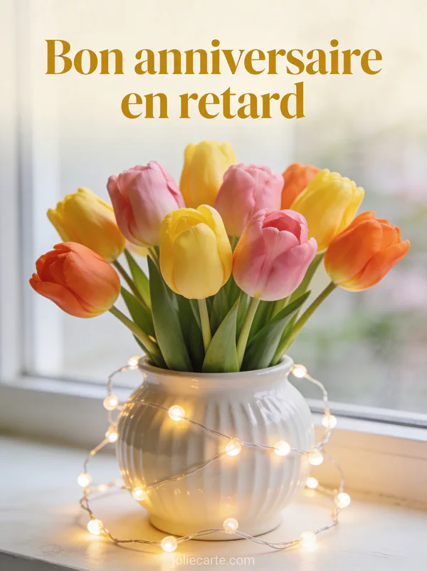 Bouquet de tulipes jaunes roses et orange dans un pot en céramique blanche avec guirlande lumineuse texte Bon anniversaire