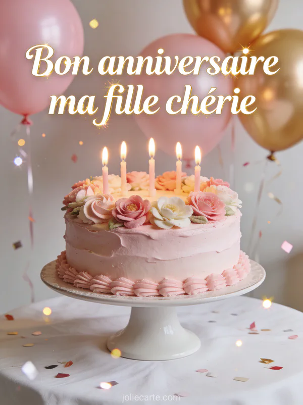 Gâteau d'anniversaire décoré de fleurs avec bougies allumées et ballons roses et dorés avec texte Joyeux anniversaire ma fille