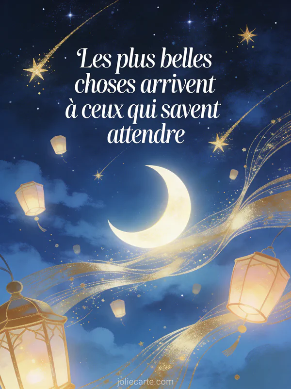 Ciel étoilé avec étoiles filantes dorées lune croissante et lanternes volantes texte Les plus belles choses arrivent