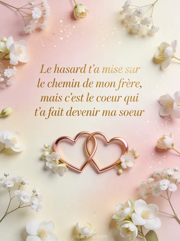 Cœurs entrelacés en or rose entourés de jasmin et gypsophile avec texte touchant anniversaire belle-sœur