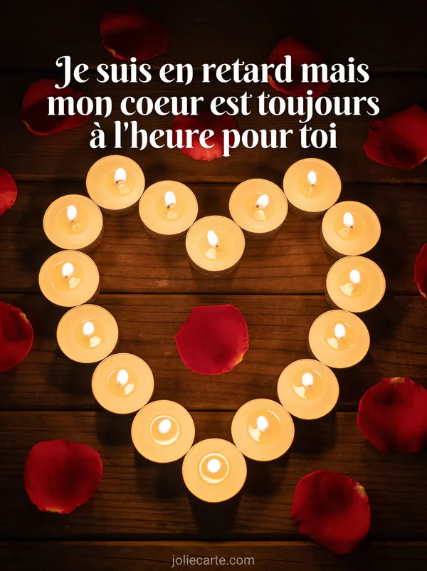 Bougies allumées disposées en forme de cœur sur fond de bois sombre avec pétales de rose rouge éparpillés