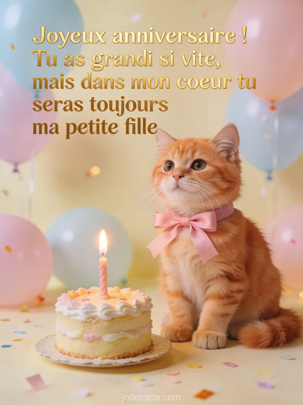 Chat roux avec nœud rose assis près d'un gâteau d'anniversaire avec bougie et ballons pastel texte Joyeux anniversaire