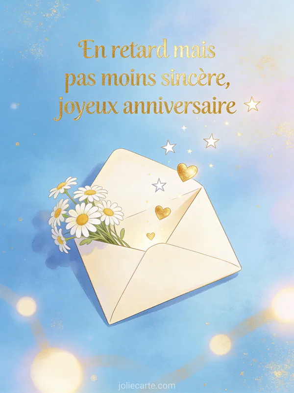 Enveloppe ouverte avec étoiles et cœurs dorés qui s'envolent bouquet de marguerites sur fond bleu pastel