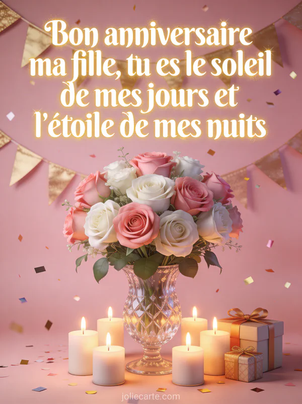 Bouquet de roses roses et blanches avec bougies d'anniversaire cadeaux et guirlande dorée texte Bon anniversaire ma fille