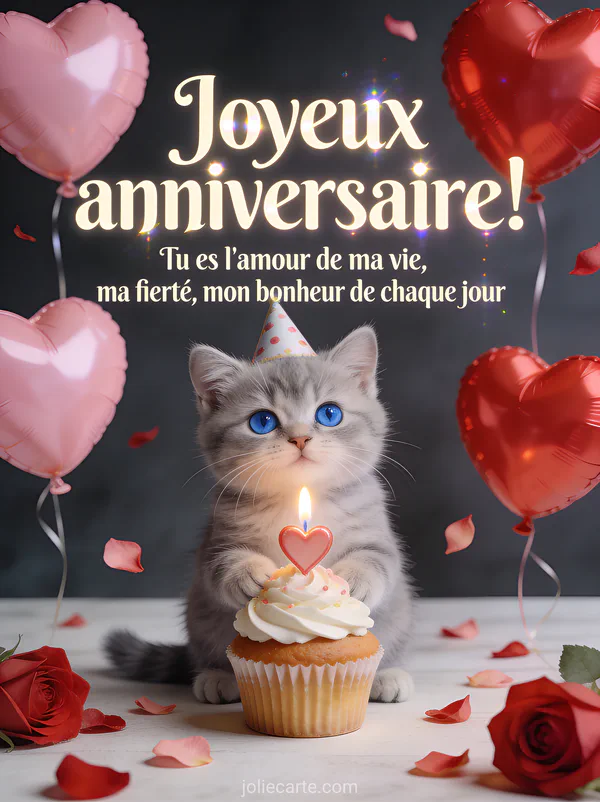 Chaton gris aux yeux bleus avec chapeau de fête devant un cupcake d'anniversaire et ballons cœur texte Joyeux anniversaire