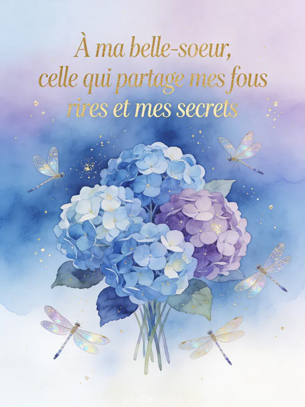 Hortensias bleus et mauves avec libellules aux ailes irisées et texte anniversaire pour belle-sœur