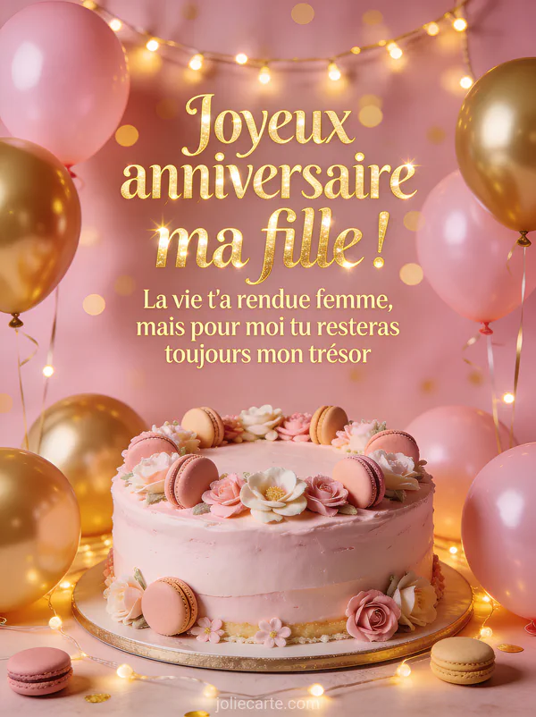 Gâteau d'anniversaire rose décoré de fleurs en sucre et macarons avec ballons dorés et guirlande lumineuse texte Joyeux anniversaire ma fille