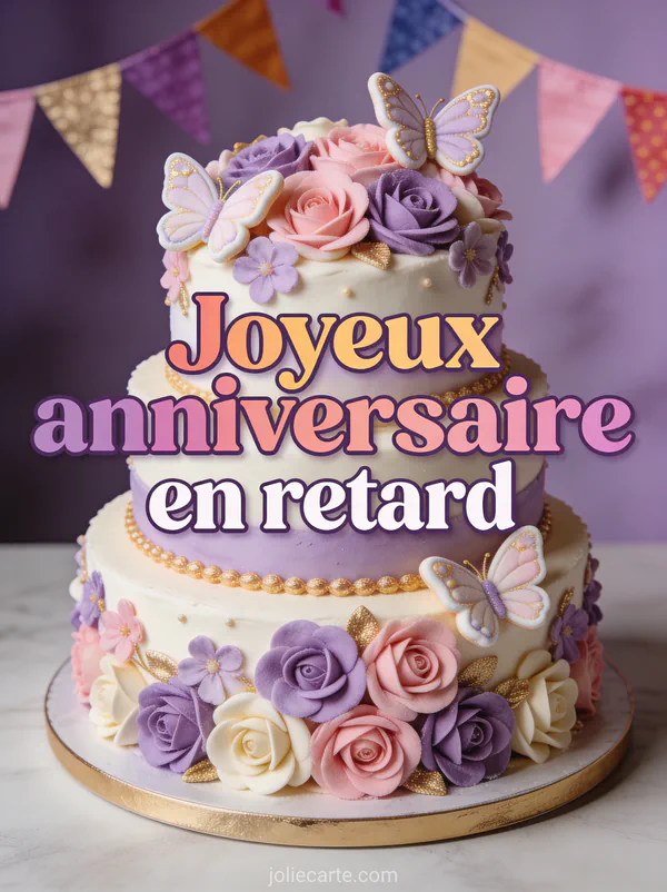 Gâteau à trois étages décoré de fleurs violettes et roses avec papillons en sucre et guirlandes de fanions