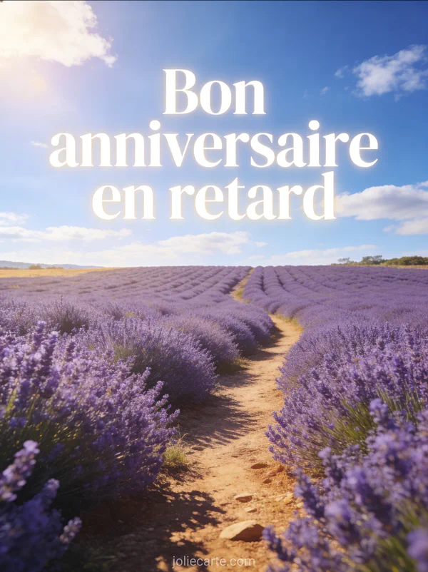 Champ de lavande à perte de vue sous ciel bleu d'été avec chemin de terre et lumière dorée du soleil