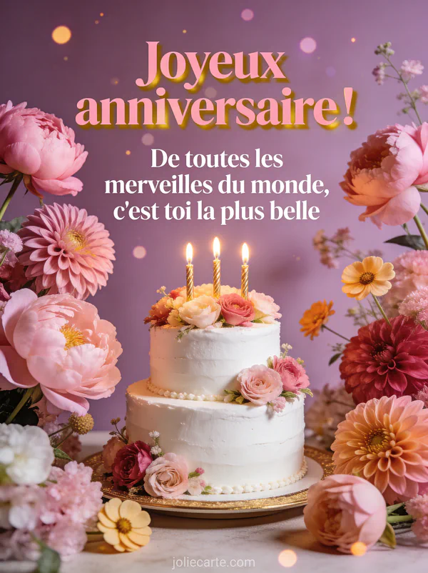Gâteau d'anniversaire blanc à deux étages avec pivoines dahlias et bougies dorées fond mauve texte Joyeux anniversaire