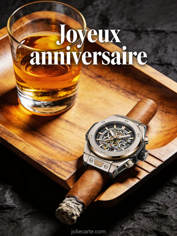 Verre de whisky ambré posé sur plateau en bois avec montre de luxe et cigare éclairage dramatique fond sombre