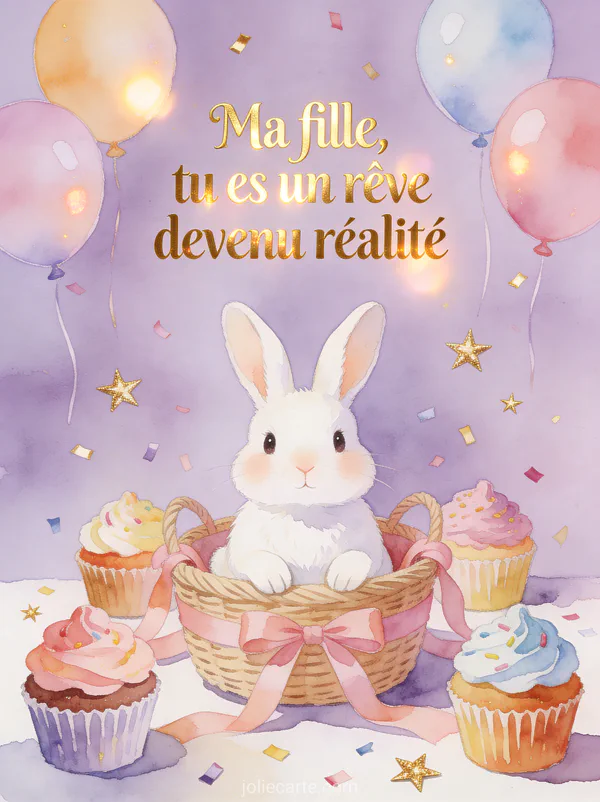 Lapin blanc dans un panier décoré entouré de cupcakes d'anniversaire avec ballons pastel et confettis texte Joyeux anniversaire