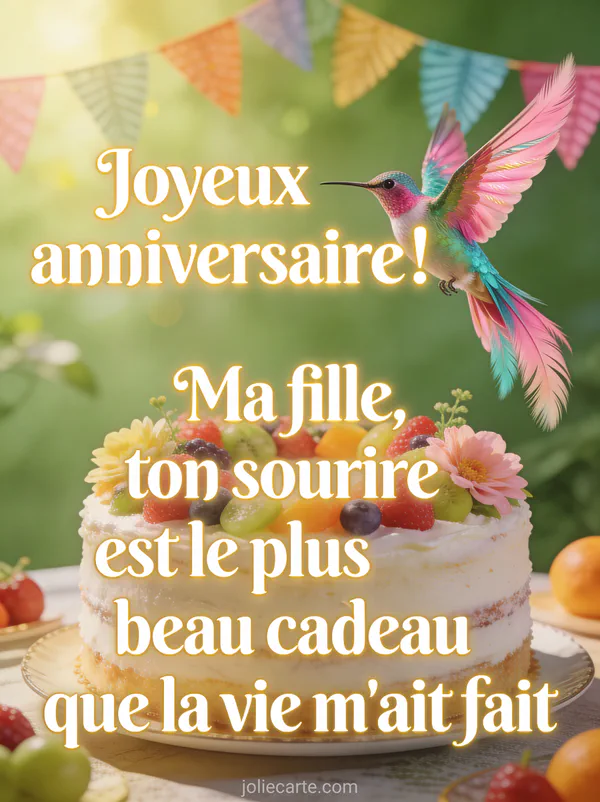 Colibri aux plumes irisées près d'un gâteau d'anniversaire décoré de fruits et fleurs avec guirlande colorée texte Joyeux anniversaire