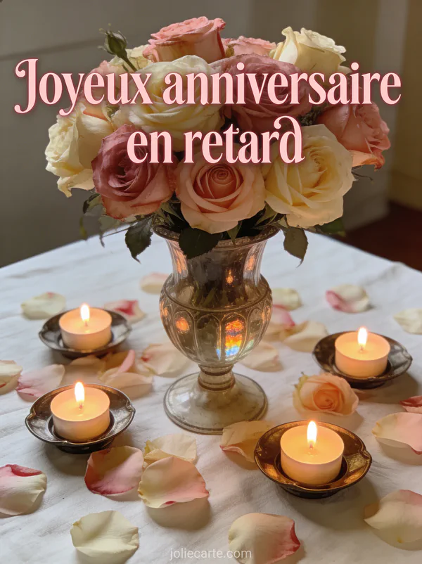 Bouquet de roses anciennes roses et crème dans vase en verre vintage avec bougies chauffe-plat sur nappe en lin