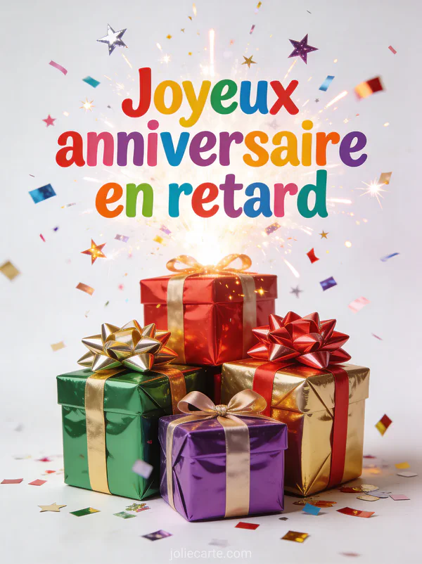 Pile de cadeaux emballés rouge vert doré et violet avec nœuds brillants confettis et étoiles sur fond blanc