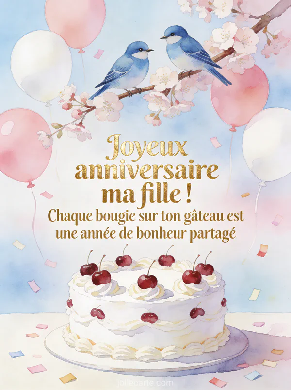 Mésanges bleues sur branche de cerisier en fleurs au-dessus d'un gâteau d'anniversaire blanc avec ballons roses texte Joyeux anniversaire